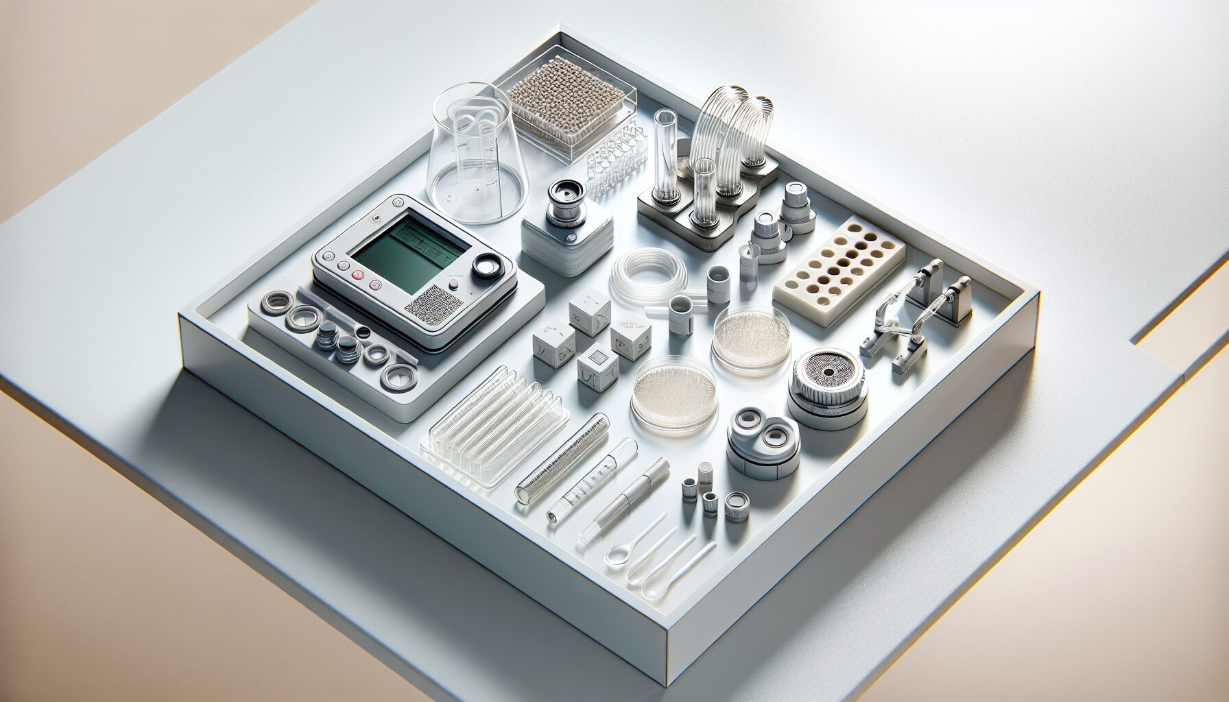 Overview of air sampling equipment – particle counters, agar plates and samplers on laboratory bench