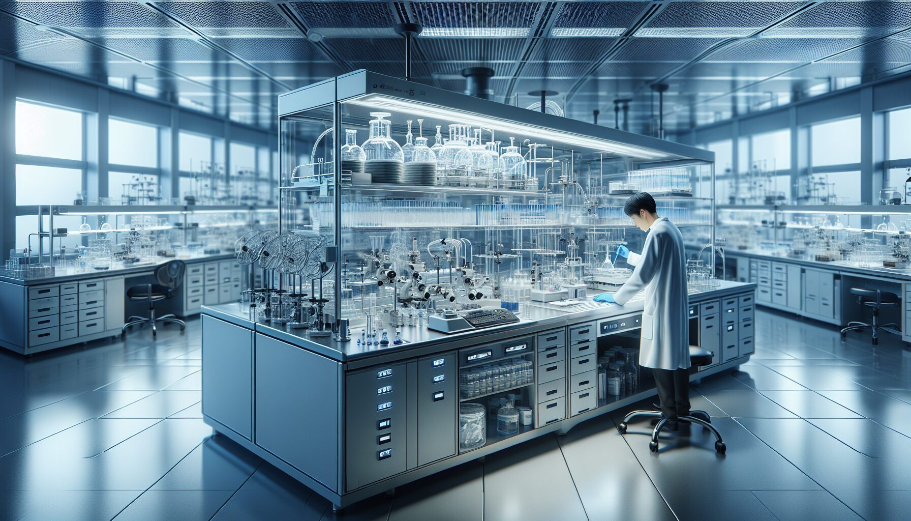 Research laboratory with fume hood and analytical instruments for controlled air environments