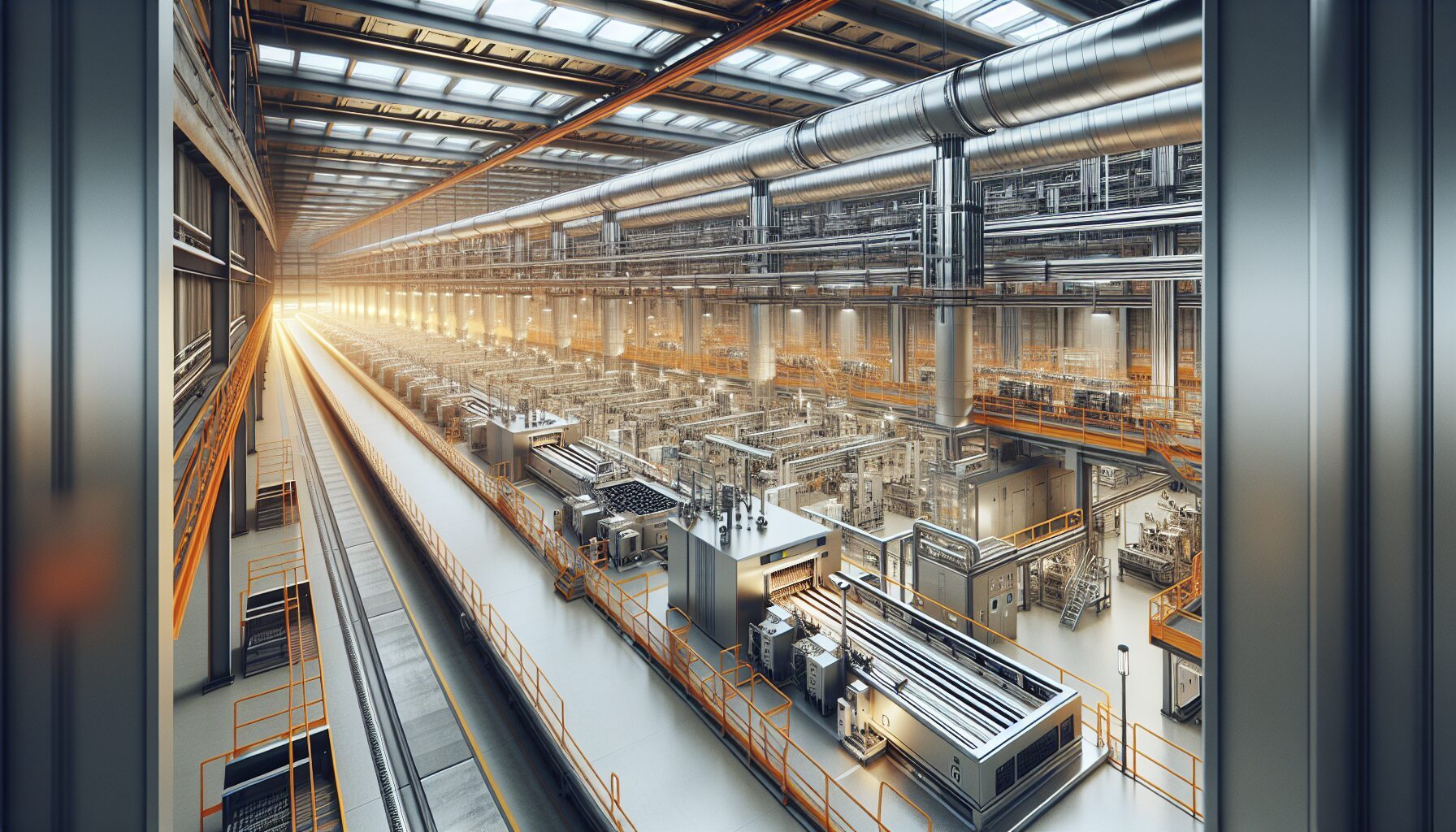 Large manufacturing facility with ventilation infrastructure and air monitoring systems
