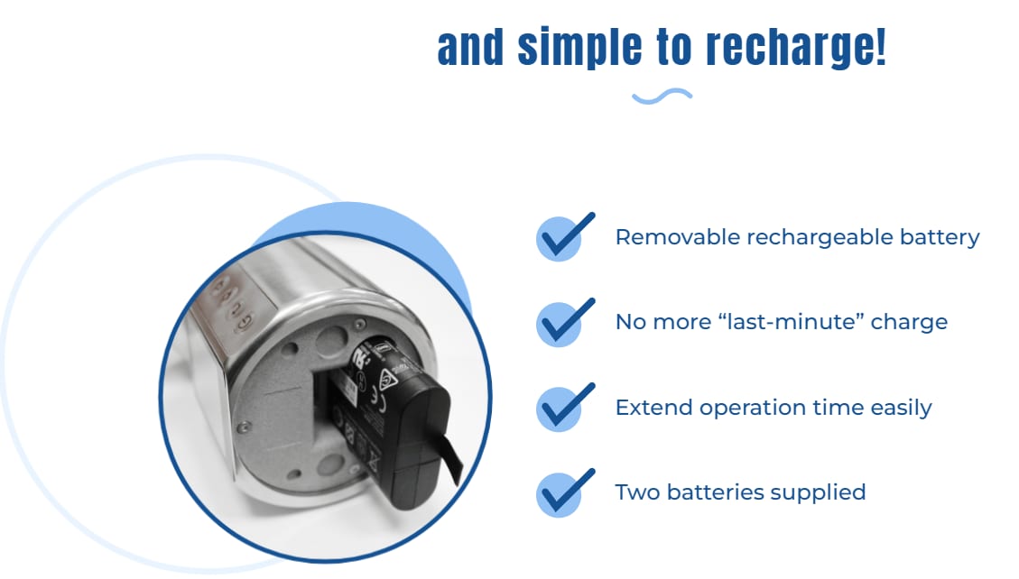 PS100 replaceable battery – two batteries included for minimal downtime