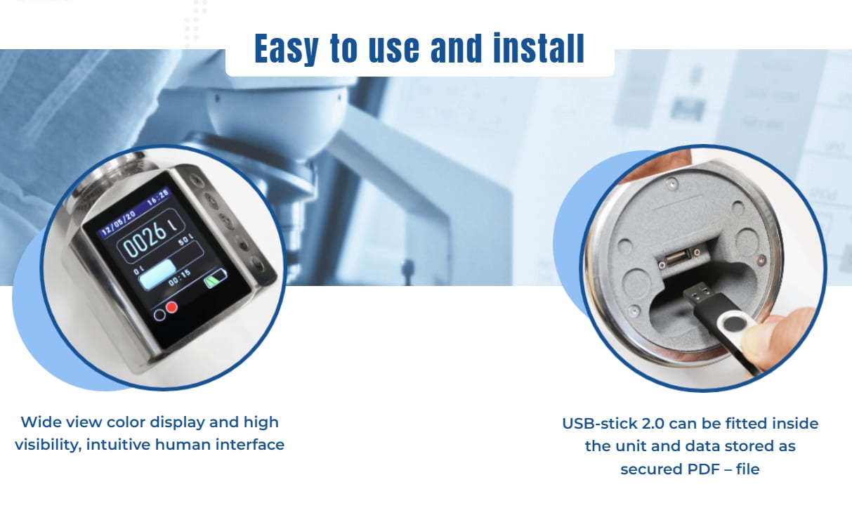 PS100 colour display and USB port for data export in secure PDF format