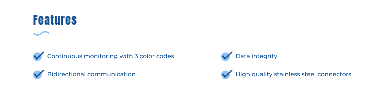 Features – continuous monitoring with 3 colour codes, bidirectional communication, data integrity and Push-Pull connectors