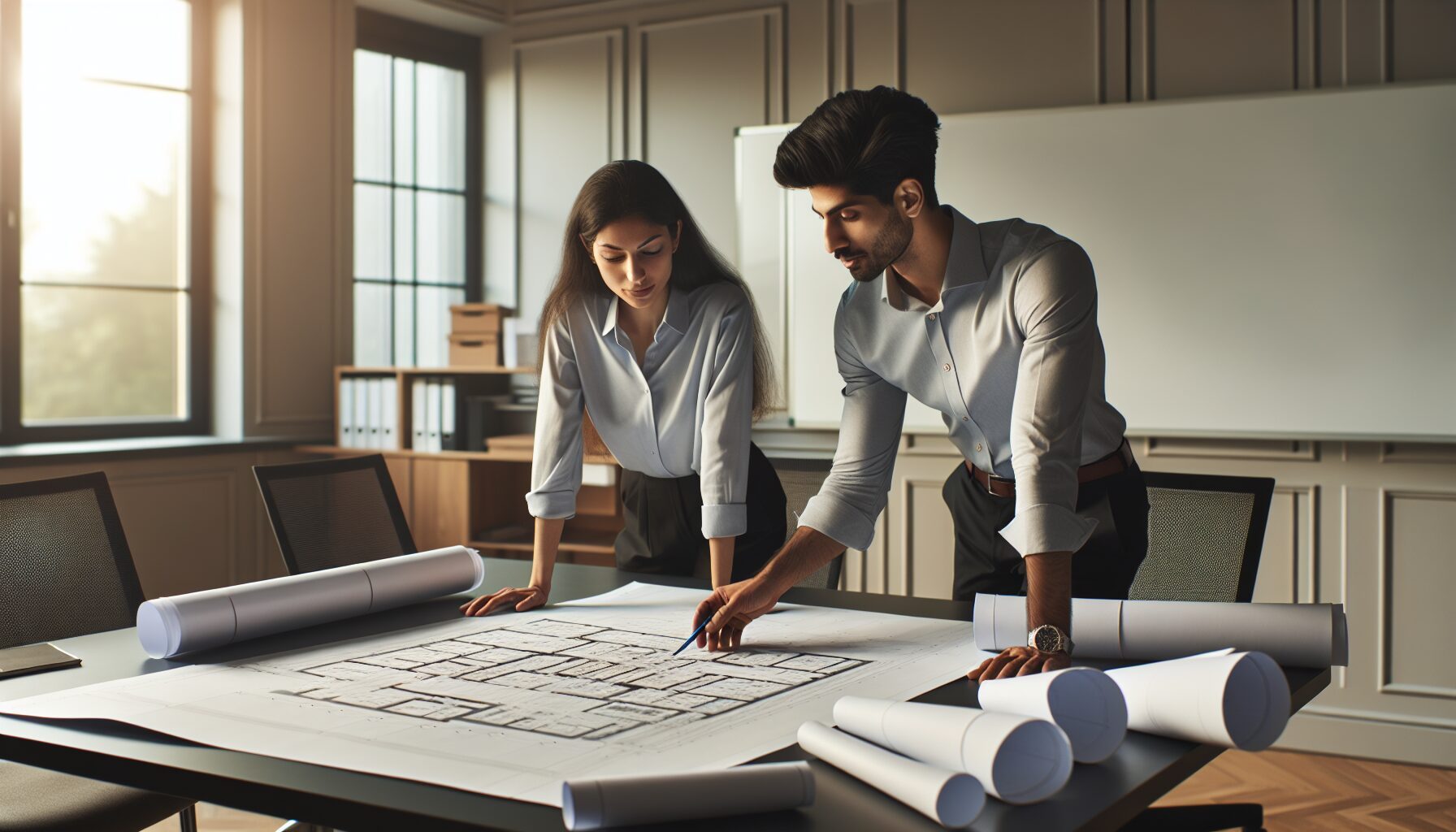 Specialists reviewing blueprints for air sampling needs assessment – complimentary evaluation