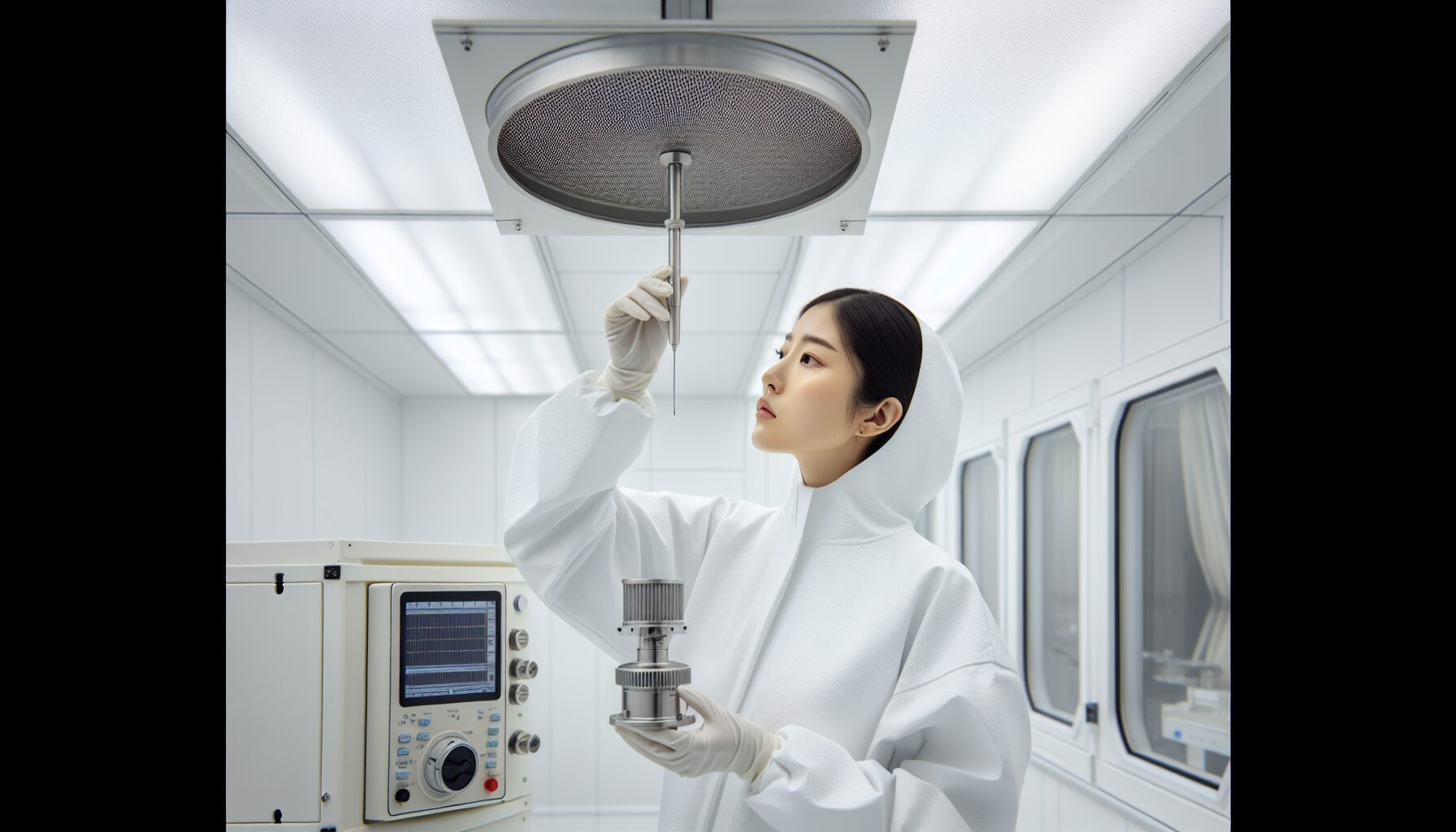 Technician in cleanroom suit performing particle counting at HEPA filter – professional air sampling