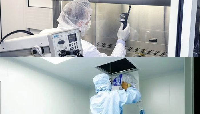 Aerosol photometer and HEPA filter inspection in cleanroom – pharmaceutical production and GMP compliance
