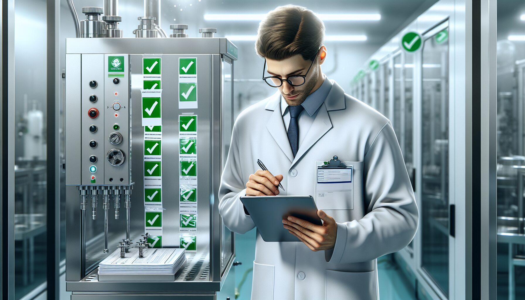 Quality engineer performing IQ/OQ qualification of cleanroom equipment with documentation and validation labels